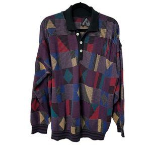 Ribbed Colourful Plaid Geometric Stripe Polo Henley Sweater